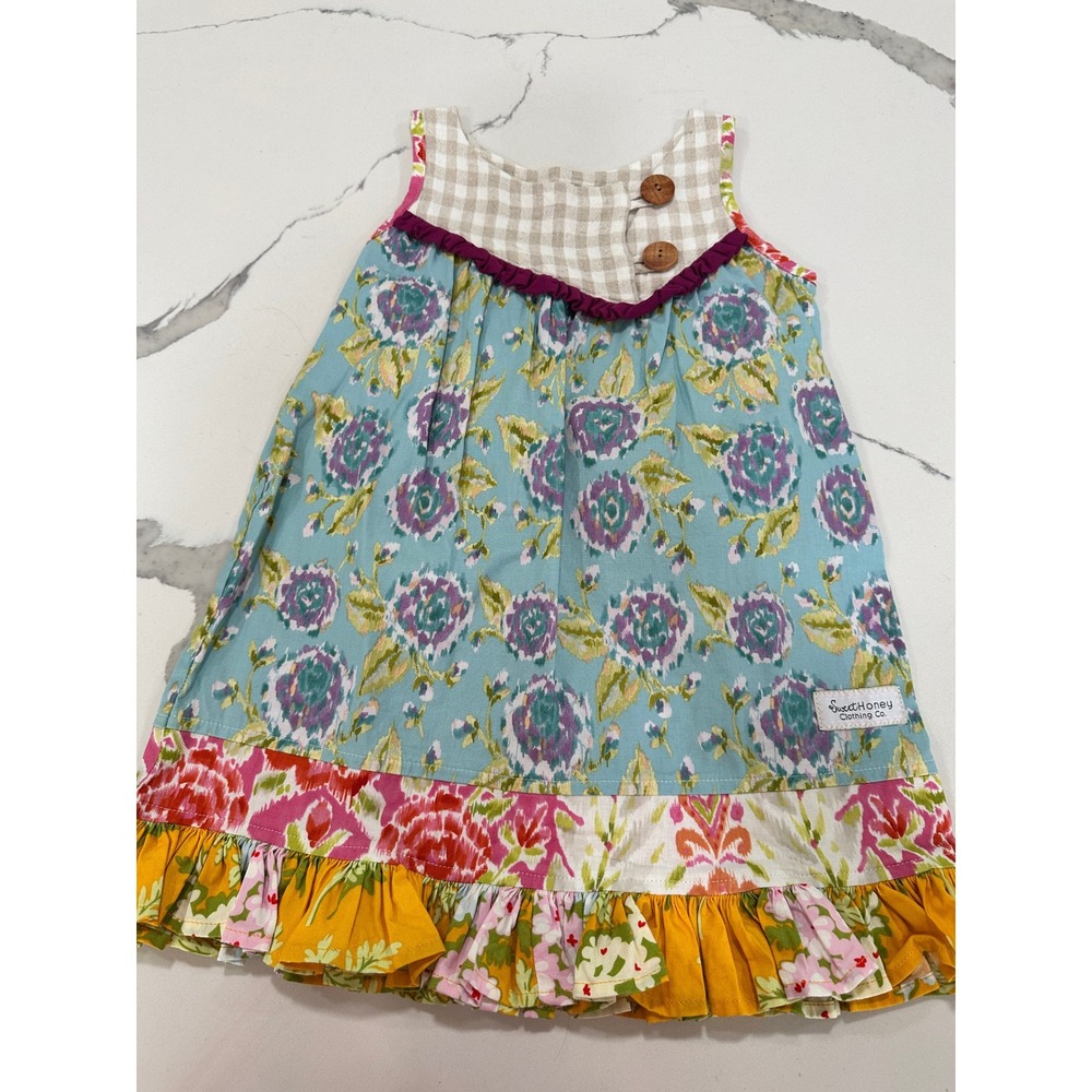 SweetHoney Clothing Co Girls Floral Gingham Ruffle Dress Blue Pink Yellow Size 5